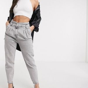 Grey acid wash high waisted pleated leg jean